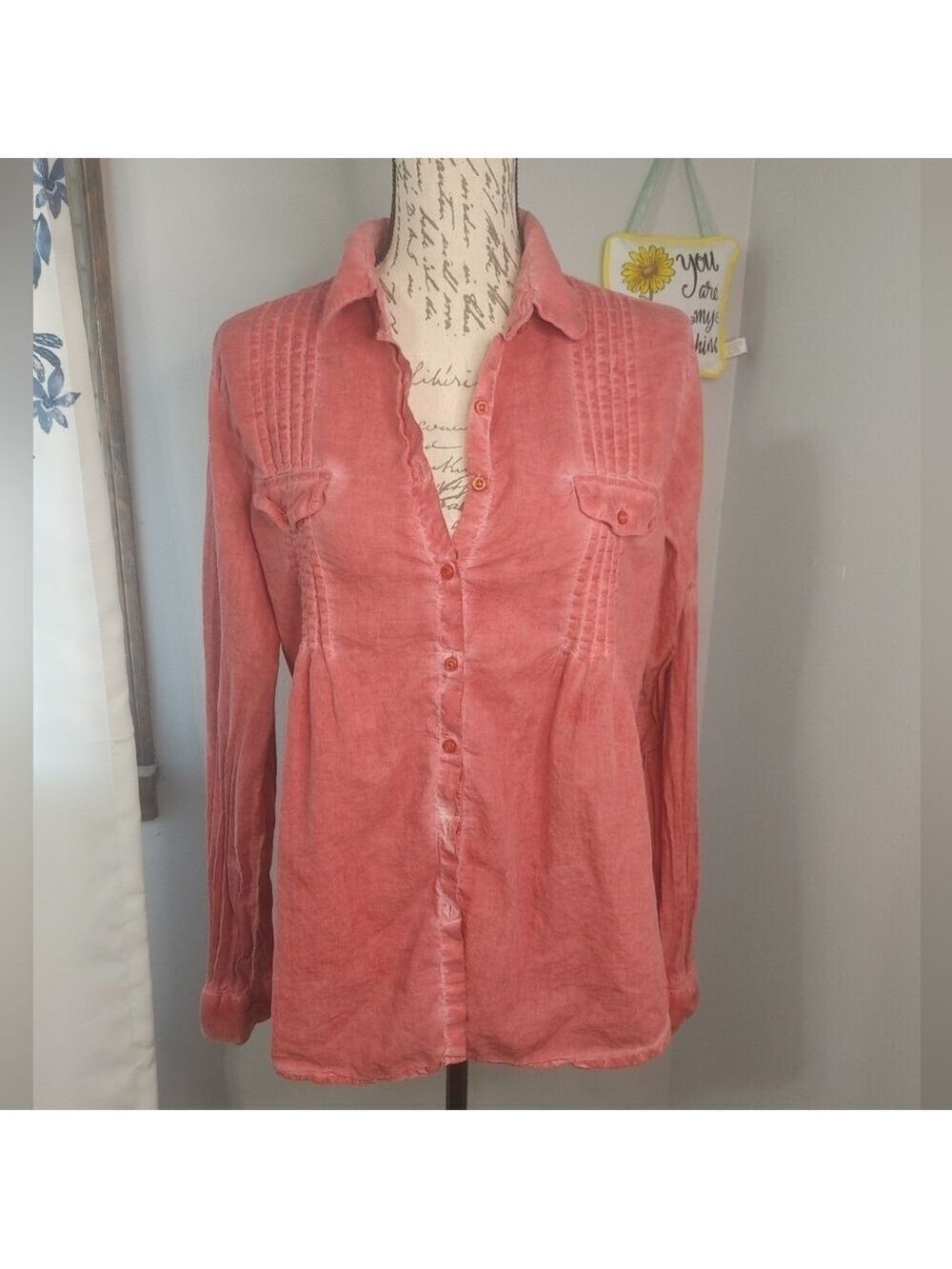 Pink Aventura Shoulder Detail Organic Collared Button Pink/Red Down Shirt Sz L